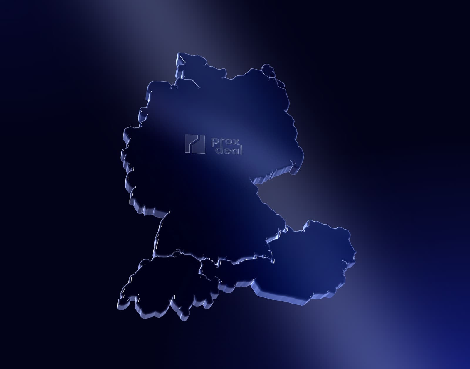 Karte von Deutschland, Österreich und der Schweiz als gläsernes 3D-Modell, jedes Land eine eigene Glasscheibe
