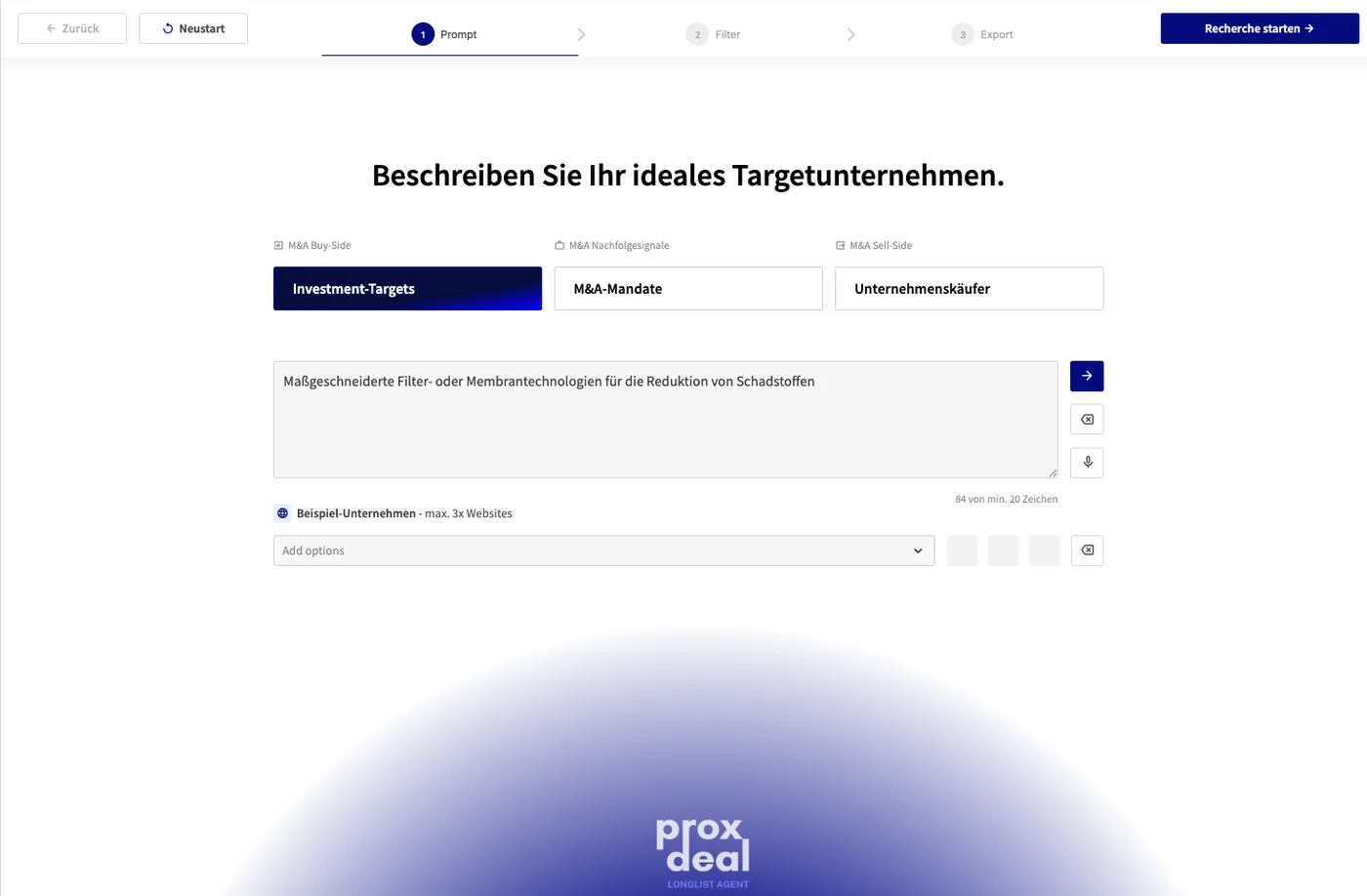 ProxDeal KI-Suchmaske mit Freitext-Prompt für M&A-Longlist-Erstellung