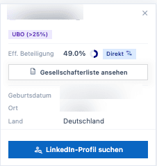 Gesellschafterkarte mit UBO-Status und LinkedIn-Suche