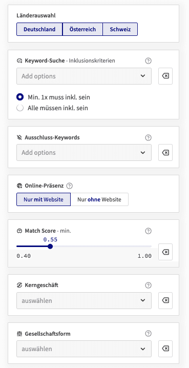ProxDeal Basisfilter: Länderauswahl, Keyword-Suche, Online-Präsenz und Match Score
