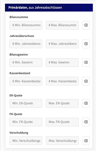 ProxDeal Finanzfilter: Primärdaten aus Jahresabschlüssen, von Bilanzsumme bis Verschuldung