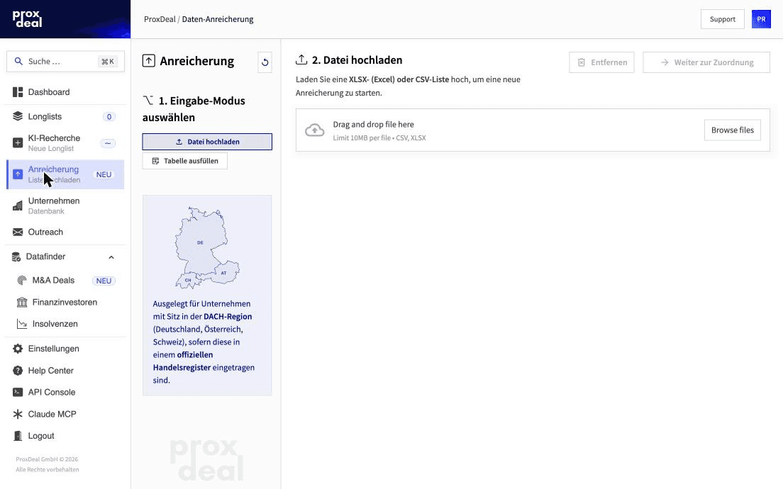 Menüpunkt „Anreicherung“ im ProxDeal-Terminal mit den Eingabewegen „Datei hochladen“ und „Tabelle ausfüllen“