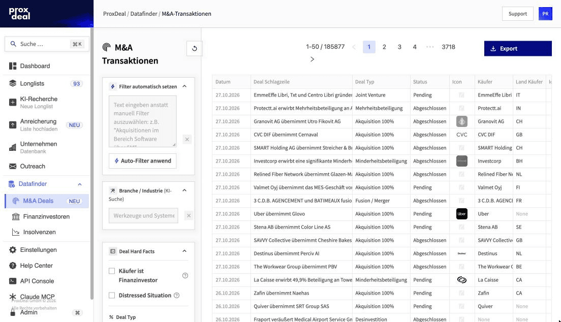 M&A-Deals-Datenbank im Datafinder mit den aktuellsten Transaktionen