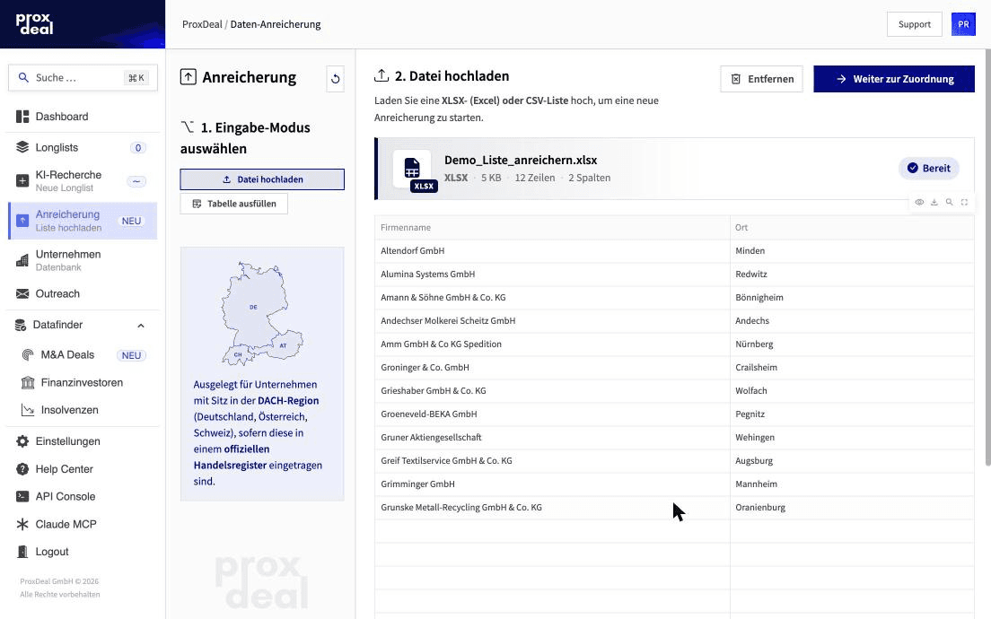 Hochgeladene Excel-Liste mit Firmenname und Ort in der Vorschau