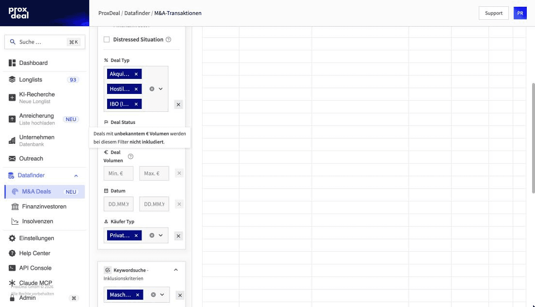 Filterbereich mit Deal-Typ, Status, Volumen, Datum und Käufertyp
