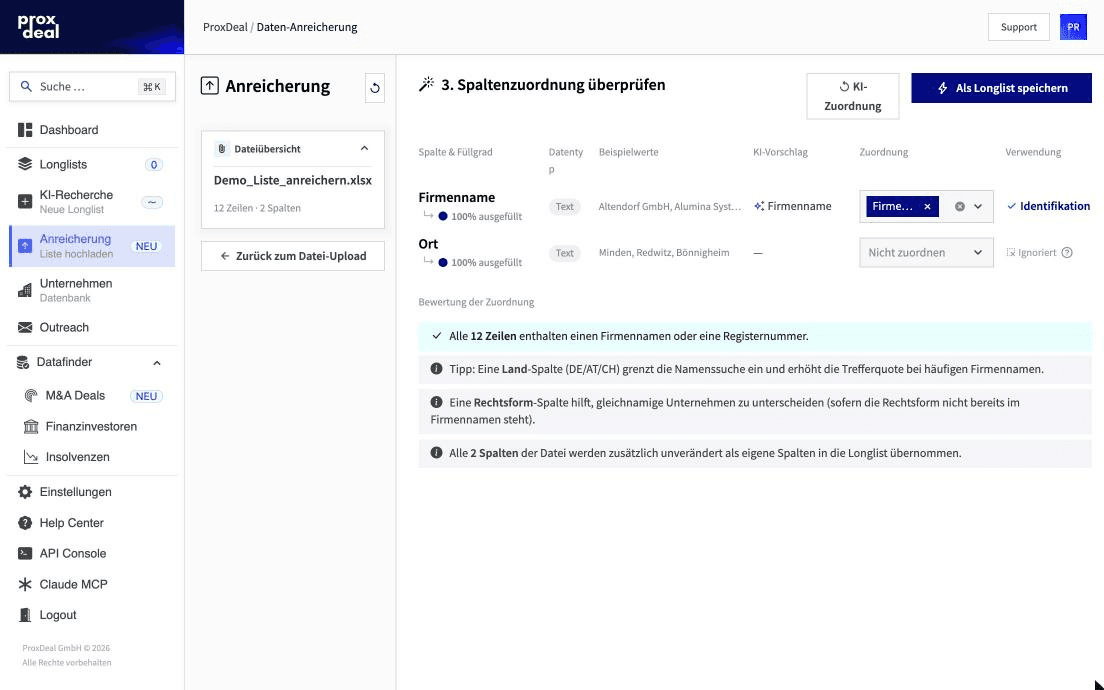 Spaltenzuordnung mit KI-Vorschlag, Füllgrad und Hinweisen zur Trefferquote