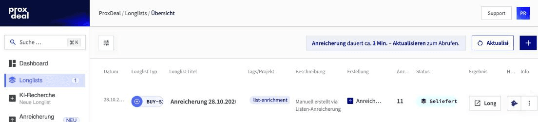 Longlist-Übersicht mit der angereicherten Liste im Status „Geliefert“
